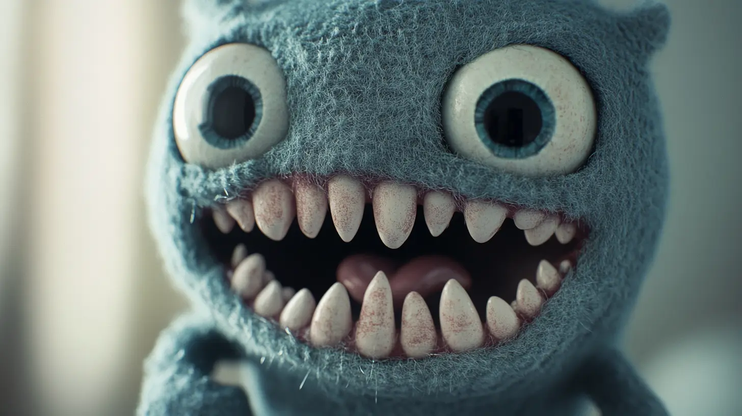 Close-up of a Fuggler Doll's realistic human-like teeth feature
